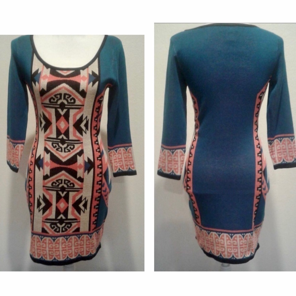 Flying Tomato Long Sleeve Print Knit Dress in Blue, Orange and Black